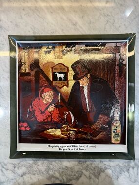 Vintage White Horse Scotch Whisky Advertising Glass Bar Tray Whiskey Memorabilia